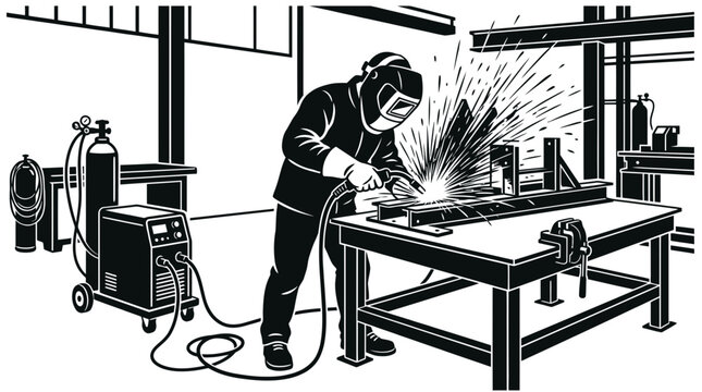 Industrial Welder Working in Factory Workshop with Welding Machine and Protective Gear, Metal Fabrication and Manufacturing Illustration