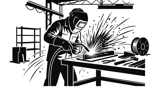 Skilled Welder Working in Industrial Factory Workshop, Metalwork Fabrication and Manufacturing Process Illustration