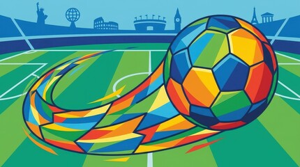 Fototapeta premium Colorful Soccer Ball Illustration with Famous Landmarks and Vibrant Sports Field Design