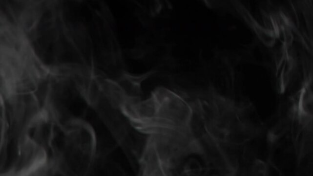 Realistic white smoke or steam rising slowly and billowing against a black background for special effects or overlay.