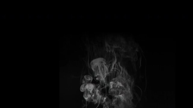 Realistic white smoke plume rising and swirling slowly against a solid black background.