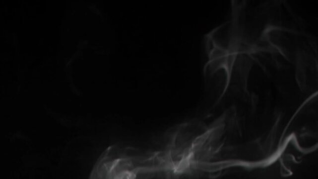 Realistic white smoke plumes gently rising and swirling in slow motion against a solid black background.