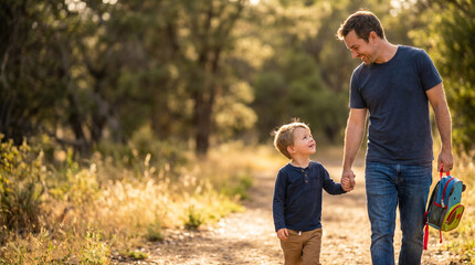 Fototapeta premium Dad carrying child with a colorful backpack on a sunny forest trail, both smiling and enjoying a nature walk, surrounded by lush greenery and warm sunlight