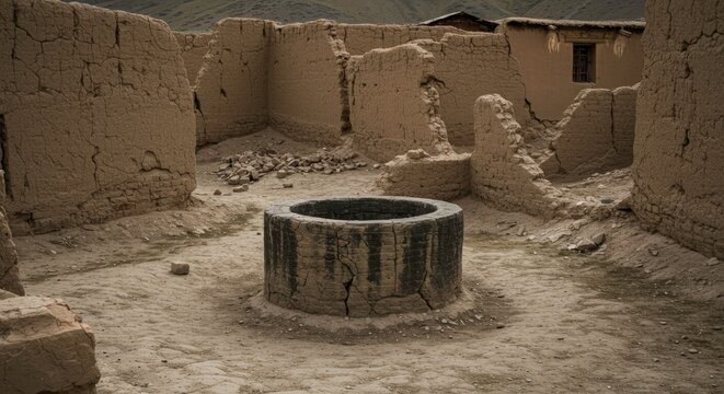 Old stone water well surrounded by ruined adobe brick walls in a rural desert village