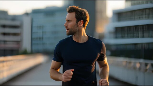Man jogging on urban bridge during sunset in cityscape