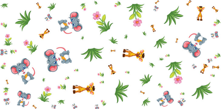 Seamless pattern with mice giraffes flowers and leaves on white background