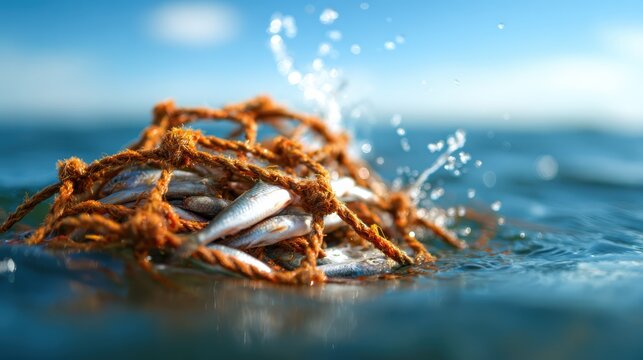 A dynamic scene capturing fish entangled in a net, splashing in the water, vividly illustrating themes of abundance, struggle, and the relationship between nature and humanity's influence.