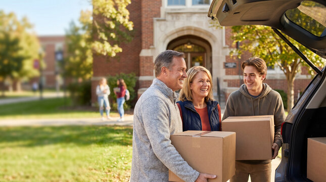 Family joyfully moving boxes into college dorms on a sunny day, with a brick building in the background and a car trunk open nearby