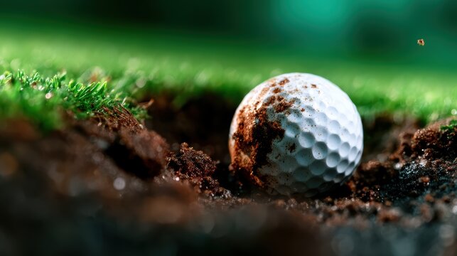 An intriguing close-up of a golf ball partially buried in dirt, illustrating the challenge faced by golfers as they aim for precision in the game amidst nature's elements.