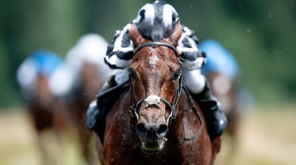 Obraz premium A captivating image of a horse racing through the finish line at high speed, highlighting the thrill and excitement of competitive equestrian sports in a vibrant outdoor setting.
