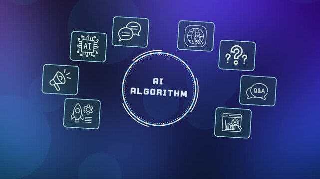 Advanced AI algorithm design with interconnected digital icons and glowing circuitry representing complex mathematical logic and automation.