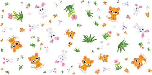 Seamless pattern with kittens rabbits flowers and grass on white background © Shagor