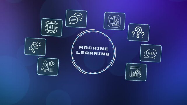  Machine learning concept visual featuring abstract brain icons and data flow lines for algorithmic automation and predictive technology.
