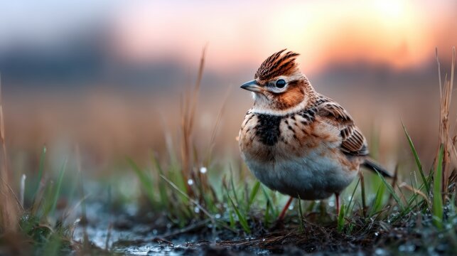 A charming bird stands on dew-covered grass at dawn, capturing the essence of nature&rsquo;s beauty and serenity in the peaceful early morning light.