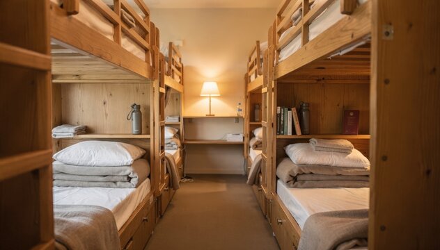 Medium shot of a cozy bunkhouse sleeping quarters with neatly arranged bunk beds and personal storage compartments softly blurred background creating a warm communal feel.