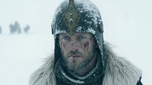 Cinematic shot of a scandinavian barbarian in frozen tundra wilderness