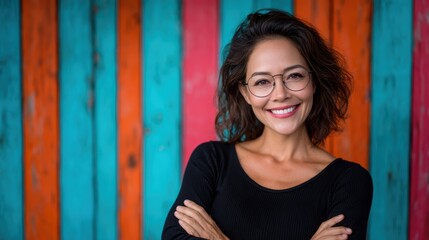 Fototapeta premium A cheerful woman with glasses stands confidently in front of a bright, colorful wooden wall, radiating positivity, joy, and the beauty of human connection in an artistic environment.