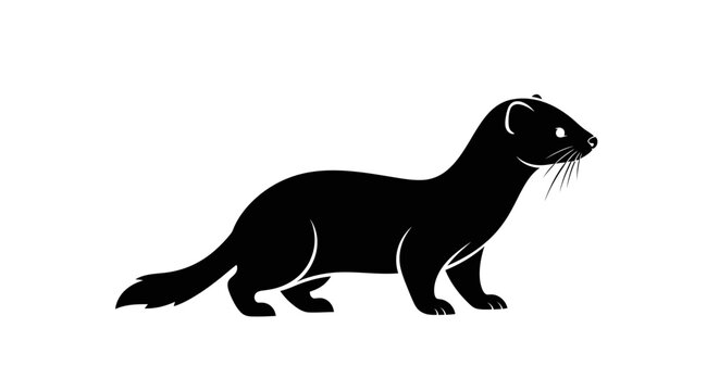 Minimalist black silhouette of a cute ferret standing on white background.
