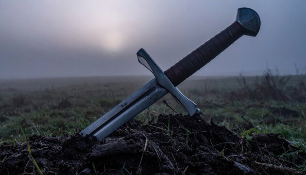 Battle worn heavy iron broadsword with notched blade and leather wrapped hilt partially buried in the ground of a misty field at dawn, perfect cinematic banner for historical fantasy projects.