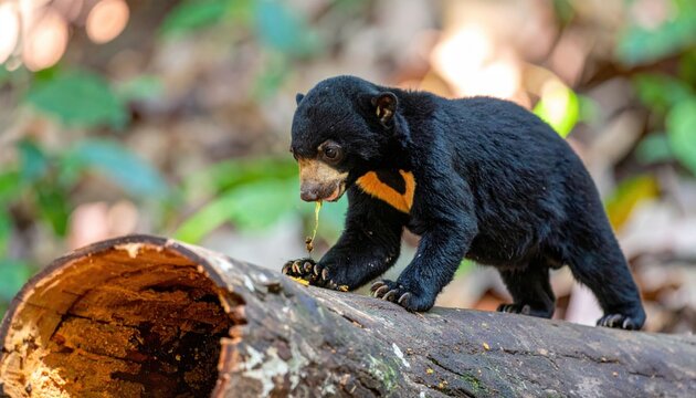 Sun bear cub with short black fur and orange crescent chest patch searching for honey on a fallen log. High quality cinematic widescreen wildlife photography of an endangered species.