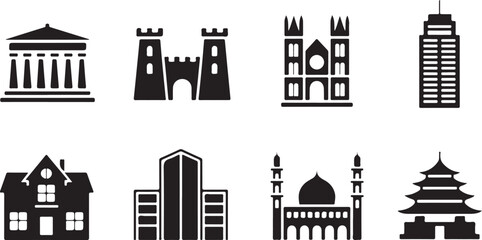 Obraz premium Collection of various iconic building silhouettes and structures around the world