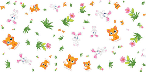 Seamless pattern with kittens rabbits flowers and leaves on white background © Shagor