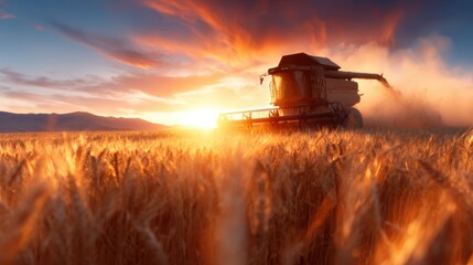 Fototapeta premium A powerful combine harvester is seen working diligently in a golden wheat field during sunset, representing the beauty of agriculture and hard work in rural landscapes.
