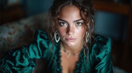 Fototapeta premium A captivating portrayal of a woman with beautiful features and a striking gaze, wearing a luxurious green garment, shot in a soft indoor setting with natural light.