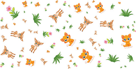 Seamless pattern with kittens puppies flowers and leaves © Shagor