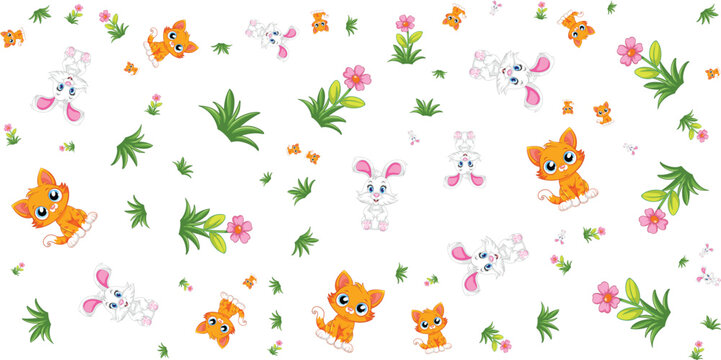 Seamless pattern with kittens rabbits flowers and leaves on white background