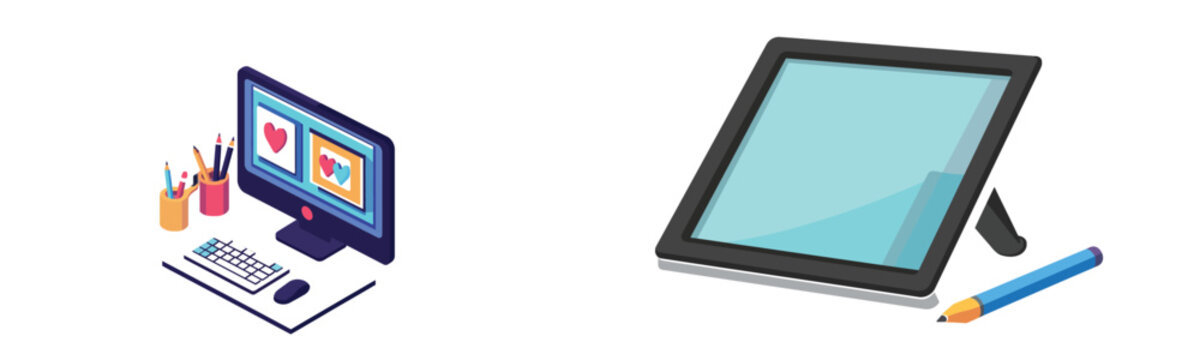 Computer monitor with keyboard and mouse and tablet on stand with pencil on white