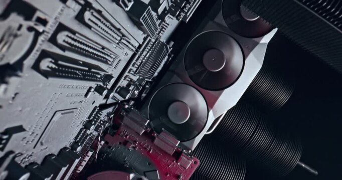 Working motherboards with heatsink and fans and graphics card