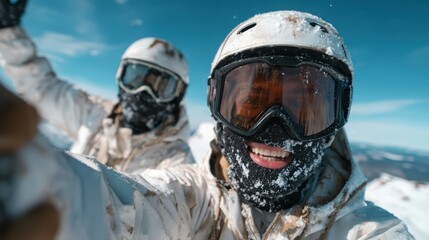 Obraz premium Two snowboarders smiling and enjoying their time in the snow, showing camaraderie and adventure against a stunning winter backdrop, ideal for sports and outdoors enthusiasm.