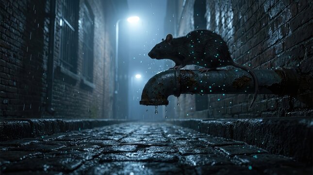Rat with glowing blue speckles perched on rusty pipe in dark, wet city alley.