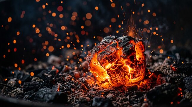 Glowing hot charcoal embers with sparks flying, close-up macro shot, dark background