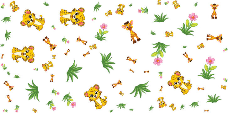 Animal pattern with tigers giraffes bones and flowers on white background