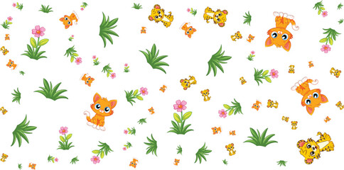 Floral pattern with cartoon kittens and green leaves on white background © Shagor
