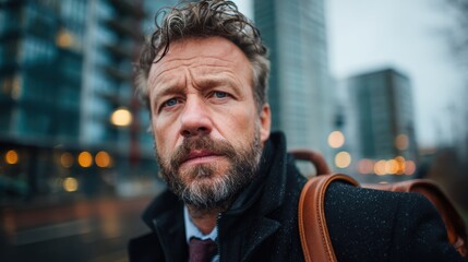 Obraz premium An intense portrait of a mature man with a beard, set against a rainy urban backdrop, capturing expressions of determination and resilience in modern life.