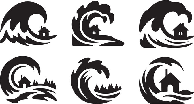 Set of tsunami waves crashing over houses and trees in various scenarios