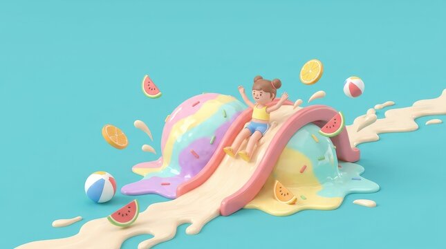 Joyful child sliding down colorful ice cream slide with fruits and beach balls in summer fun