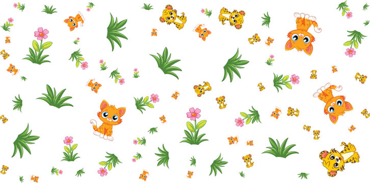 Floral pattern with cartoon kittens and green leaves on white background