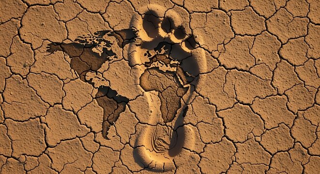 Giant human footprint with world map embedded in cracked dry earth, symbolizing carbon footprint and climate change.