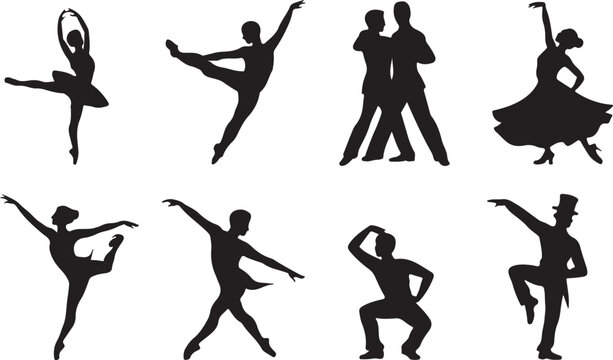 Silhouettes of various dancers in different poses and styles on white background