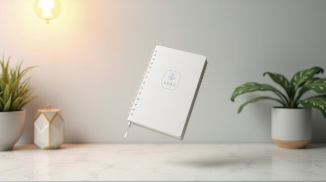 Cuaderno de planificaci&oacute;n de objetivos abierto con p&aacute;ginas en blanco flotando en el aire