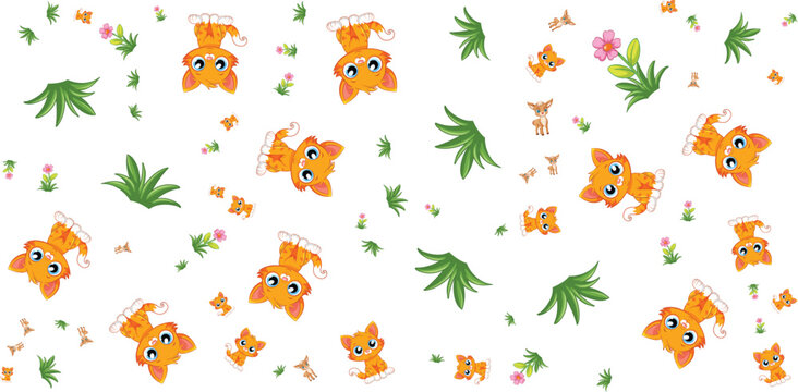 Seamless pattern with orange tabby kittens flowers and leaves