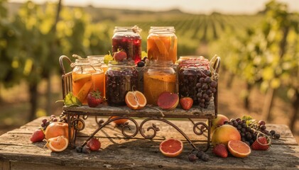Obraz premium Detailed medium shot of quaint glass jars with preserves and fresh fruits on a rustic serving stand outdoors at a vineyard event blending nature and gourmet appeal.