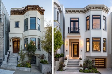 Fototapeta premium Facade Renovation Before and After: Outdated Victorian Home Transformed into Modern Elegance