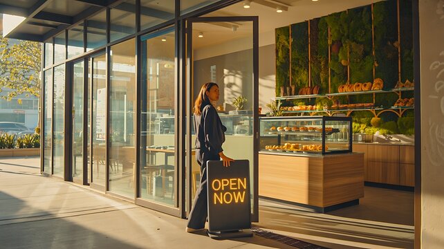 Smiling bakery shop owner standing beside open now sign outside modern cafe storefront