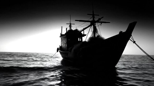 Mysterious silhouette of a fishing boat on the ocean at dusk with dark waves and moody atmosphere