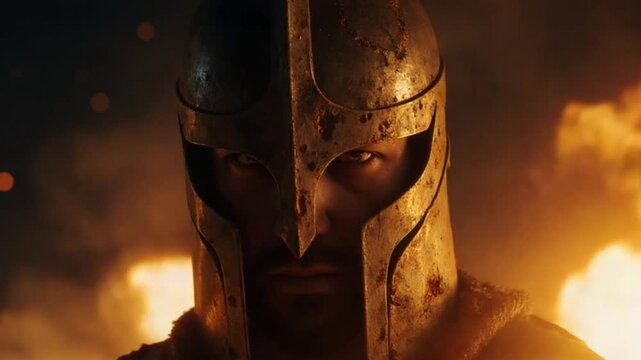 Close-up of a fierce medieval warrior in a battle-worn steel helmet.